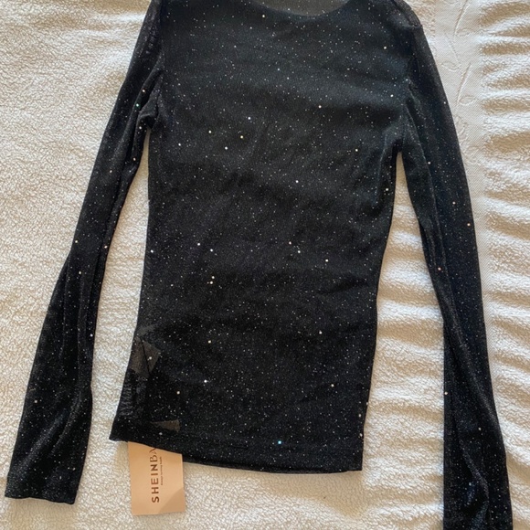 SHEIN Glitter Sheer Mesh Top, NWT, black, size US XS (2) - Picture 2 of 4
